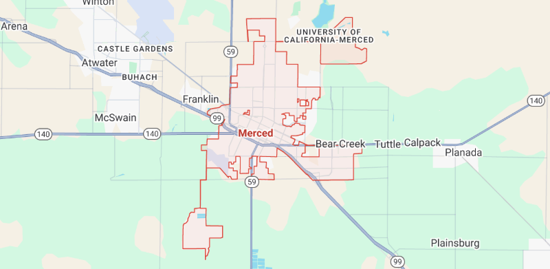 Merced California locksmith service area map